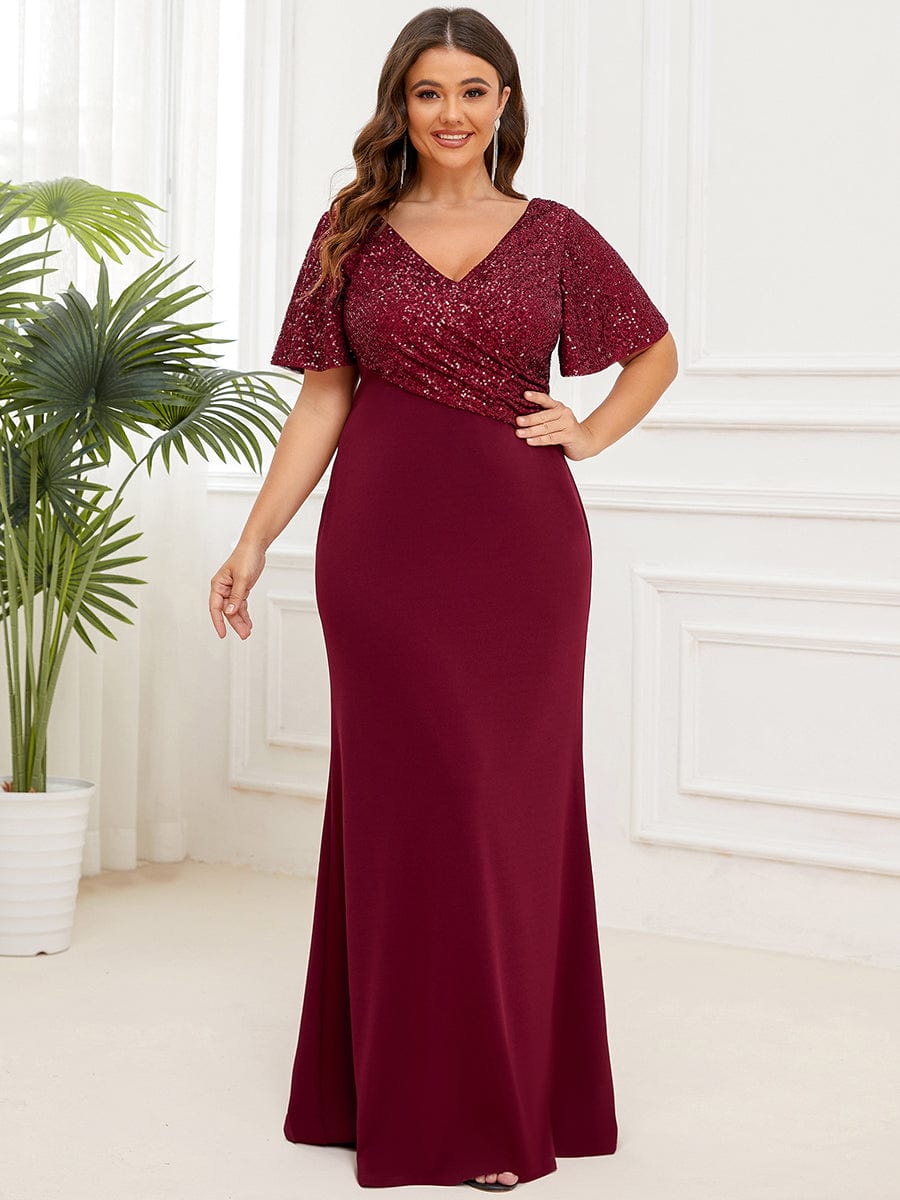 Sequin Short Sleeve V-Neck Top Column Evening Dress #Color_Burgundy