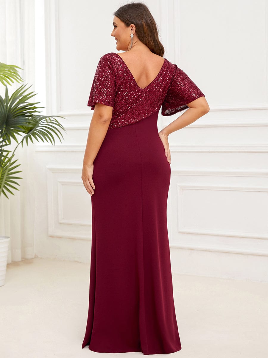 Sequin Short Sleeve V-Neck Top Column Evening Dress #Color_Burgundy