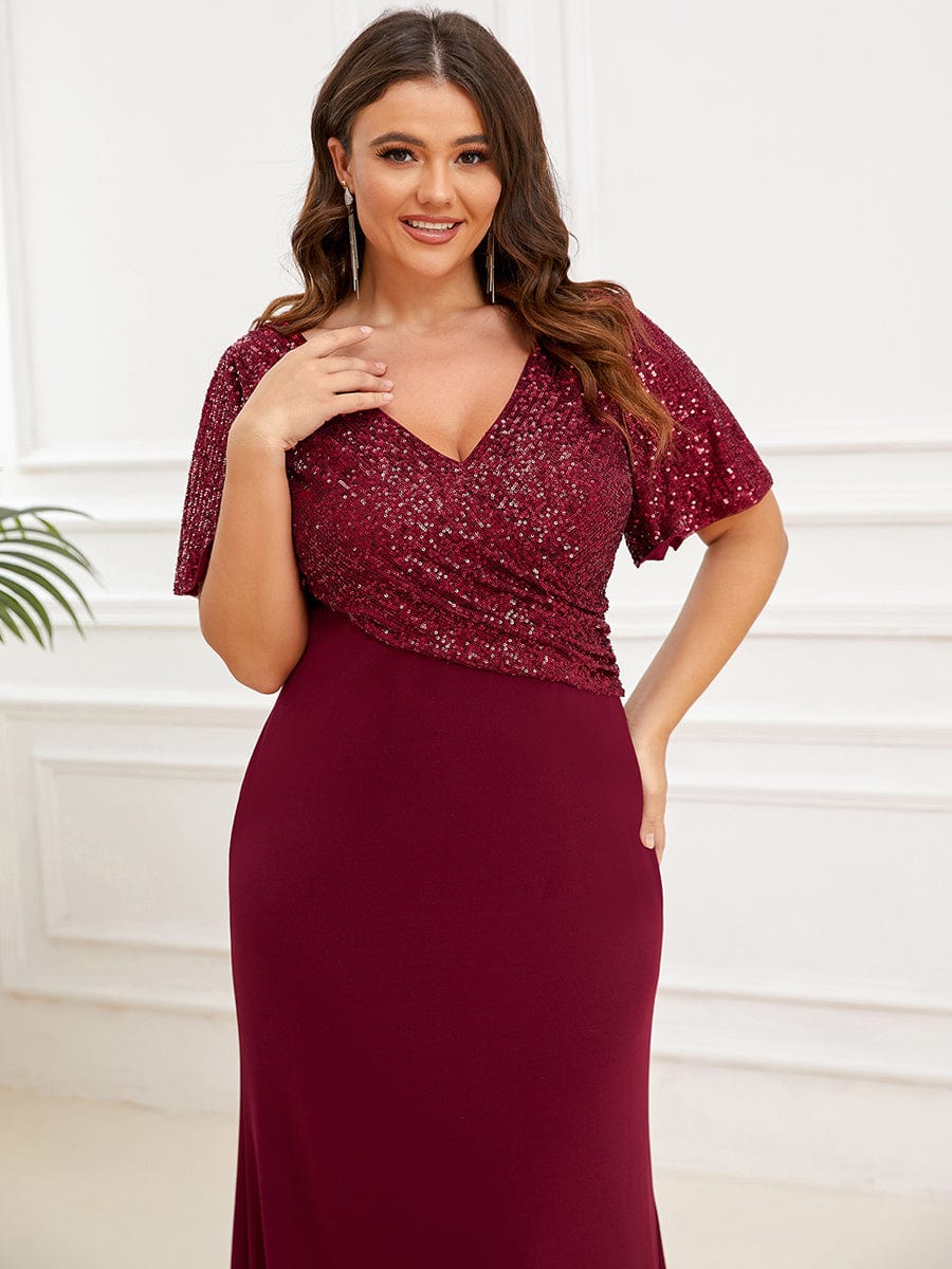 Sequin Short Sleeve V-Neck Top Column Evening Dress #Color_Burgundy