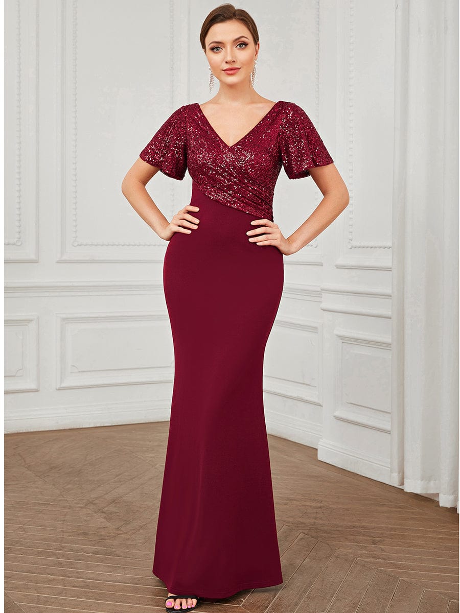 Sequin Short Sleeve V-Neck Top Column Evening Dress #Color_Burgundy