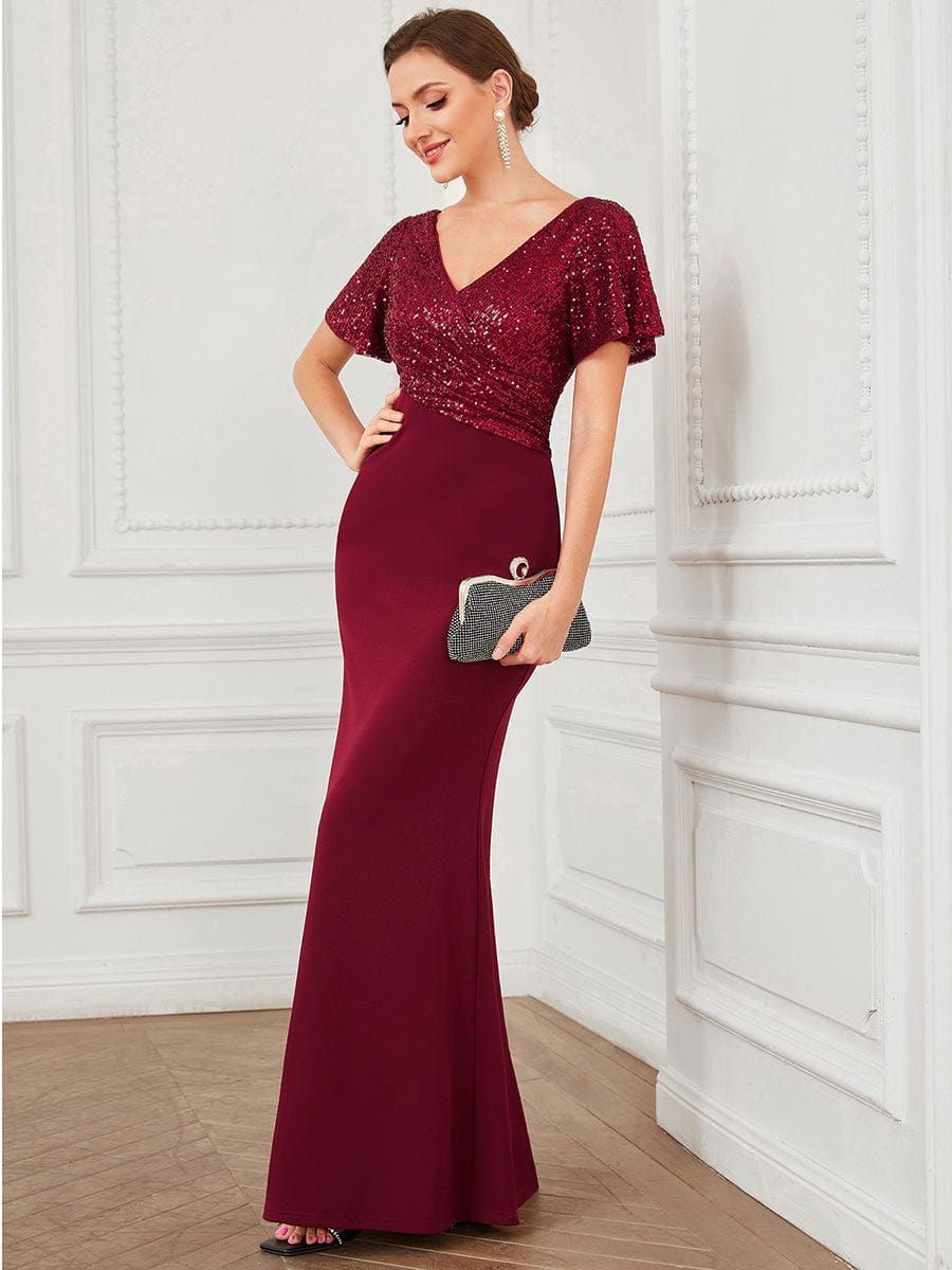 Sequin Short Sleeve V-Neck Top Column Evening Dress #Color_Burgundy