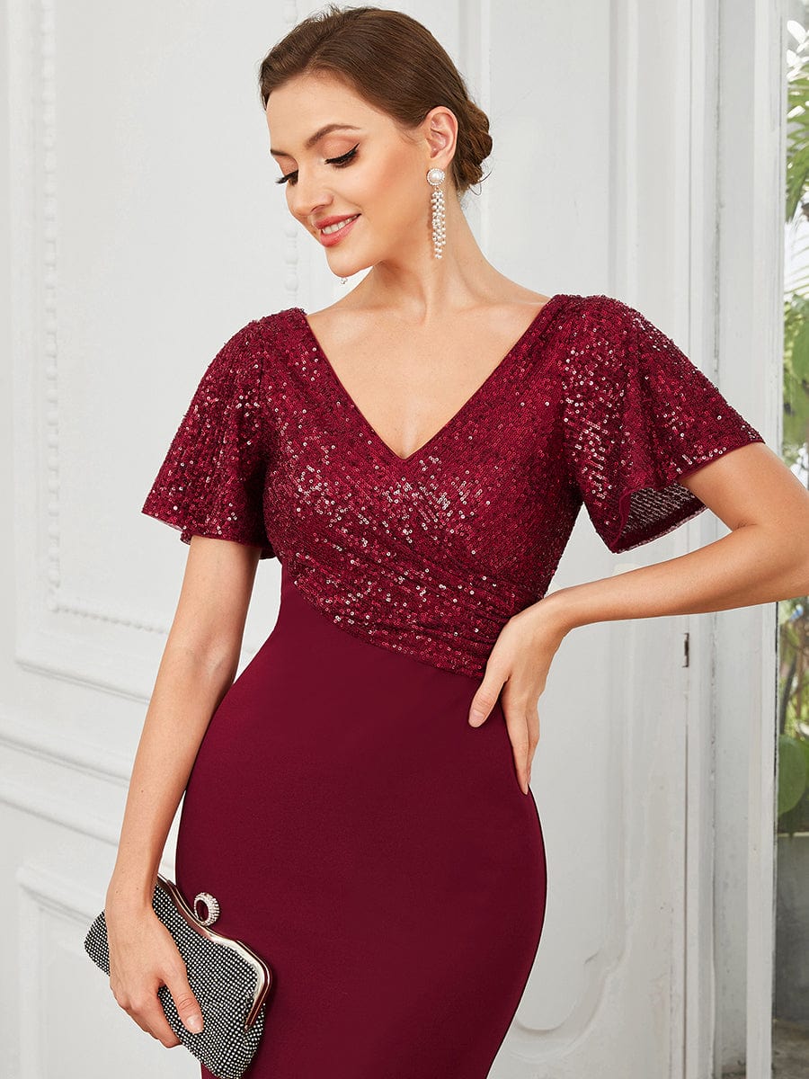 Sequin Short Sleeve V-Neck Top Column Evening Dress #Color_Burgundy