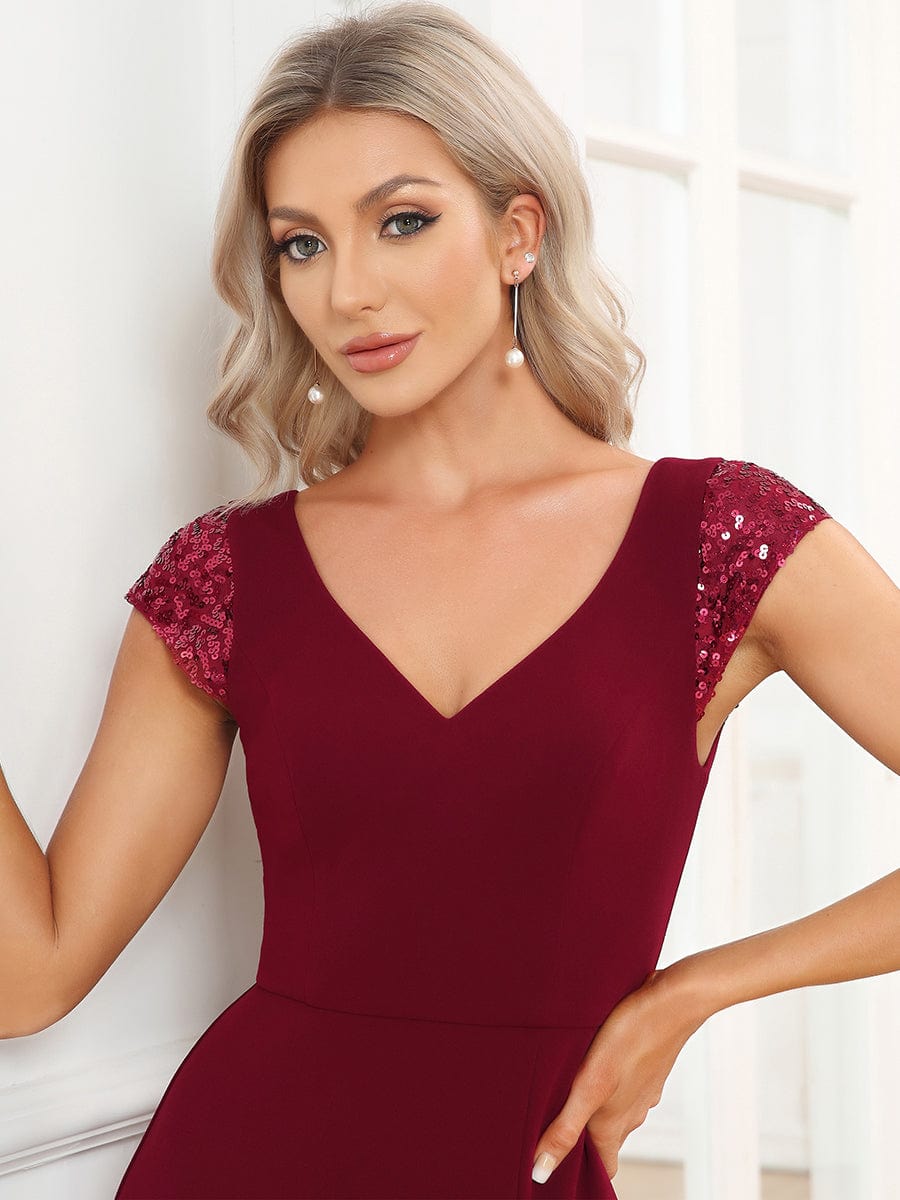 Cap Sleeve V-Neck A-Line Sequin Evening Dress #Color_Burgundy