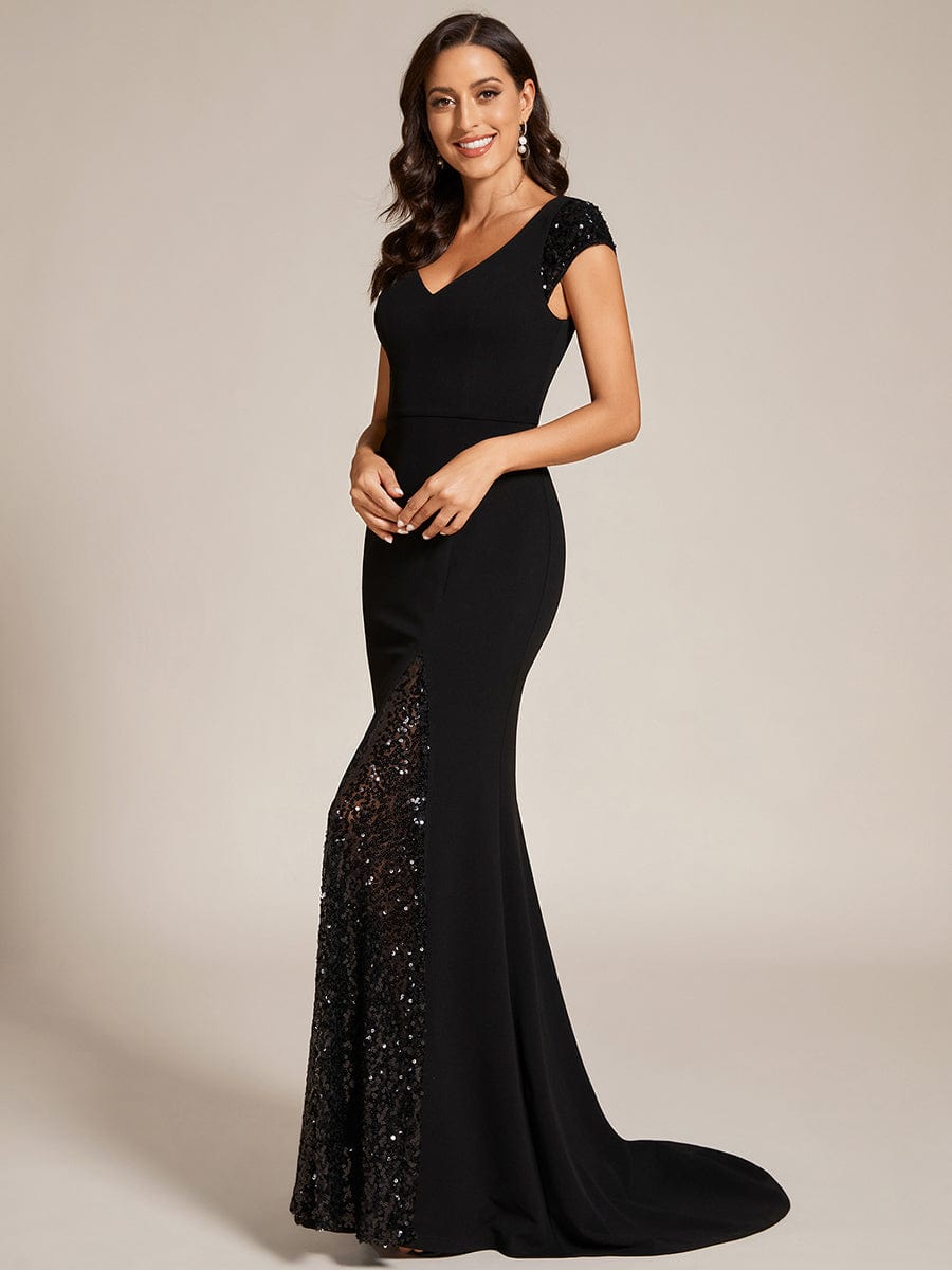 Custom Size Sequin Deep V Trail Sequin Fashion Evening Dress #color_Black