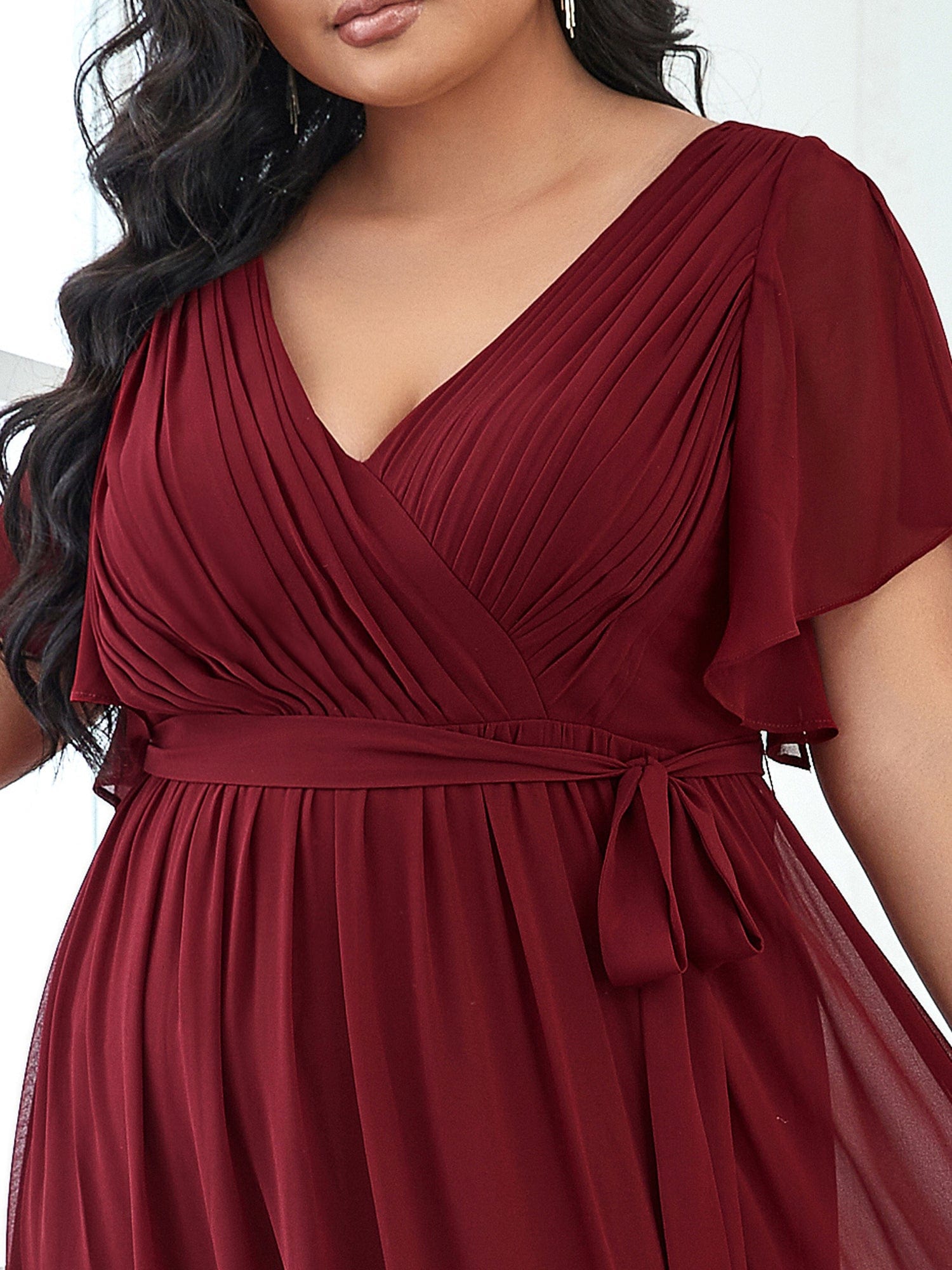 Custom Size V-Neck Flutter Sleeve Floor-Length A-Line Chiffon Evening Dress #color_Burgundy