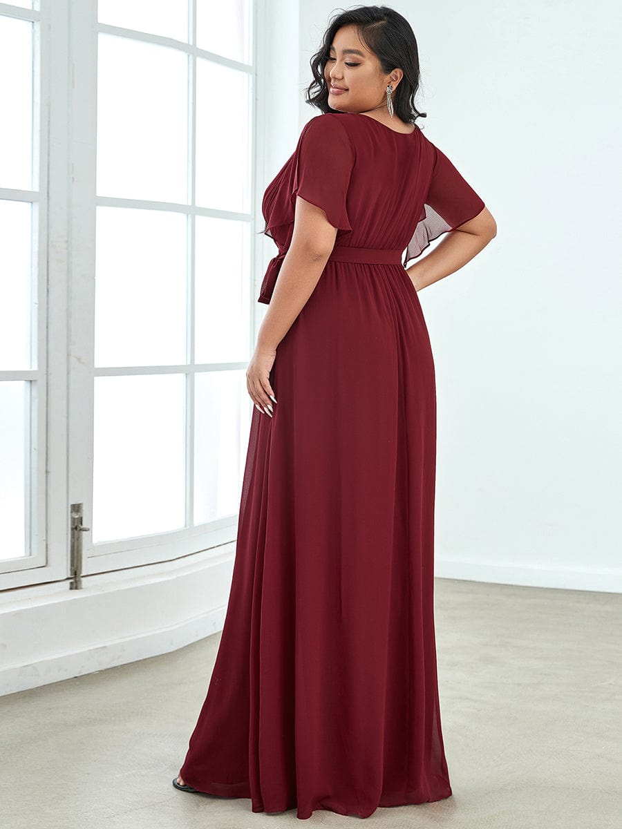 Custom Size V-Neck Flutter Sleeve Floor-Length A-Line Chiffon Evening Dress #color_Burgundy