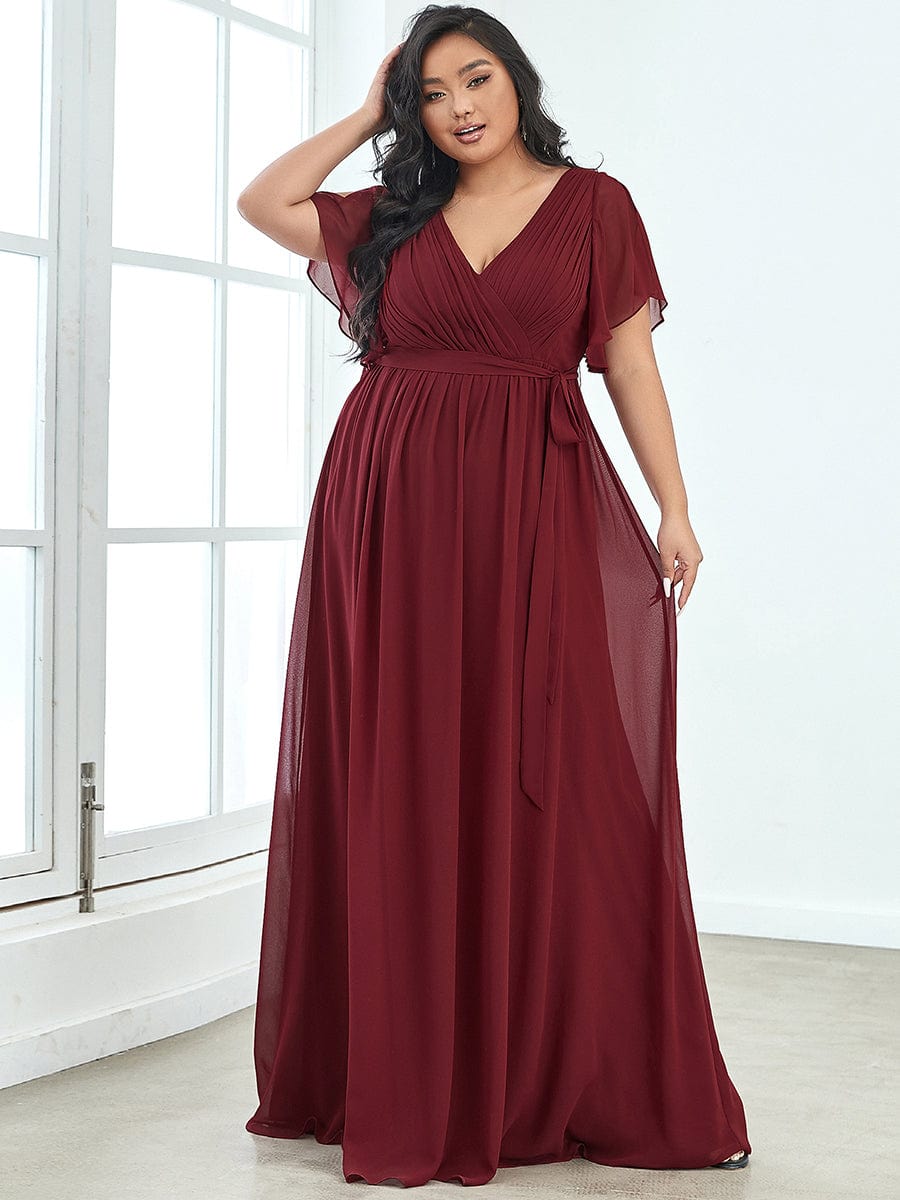 Plus Size Floor-Length Chiffon Evening Dress V-Neck Maxi #color_Burgundy