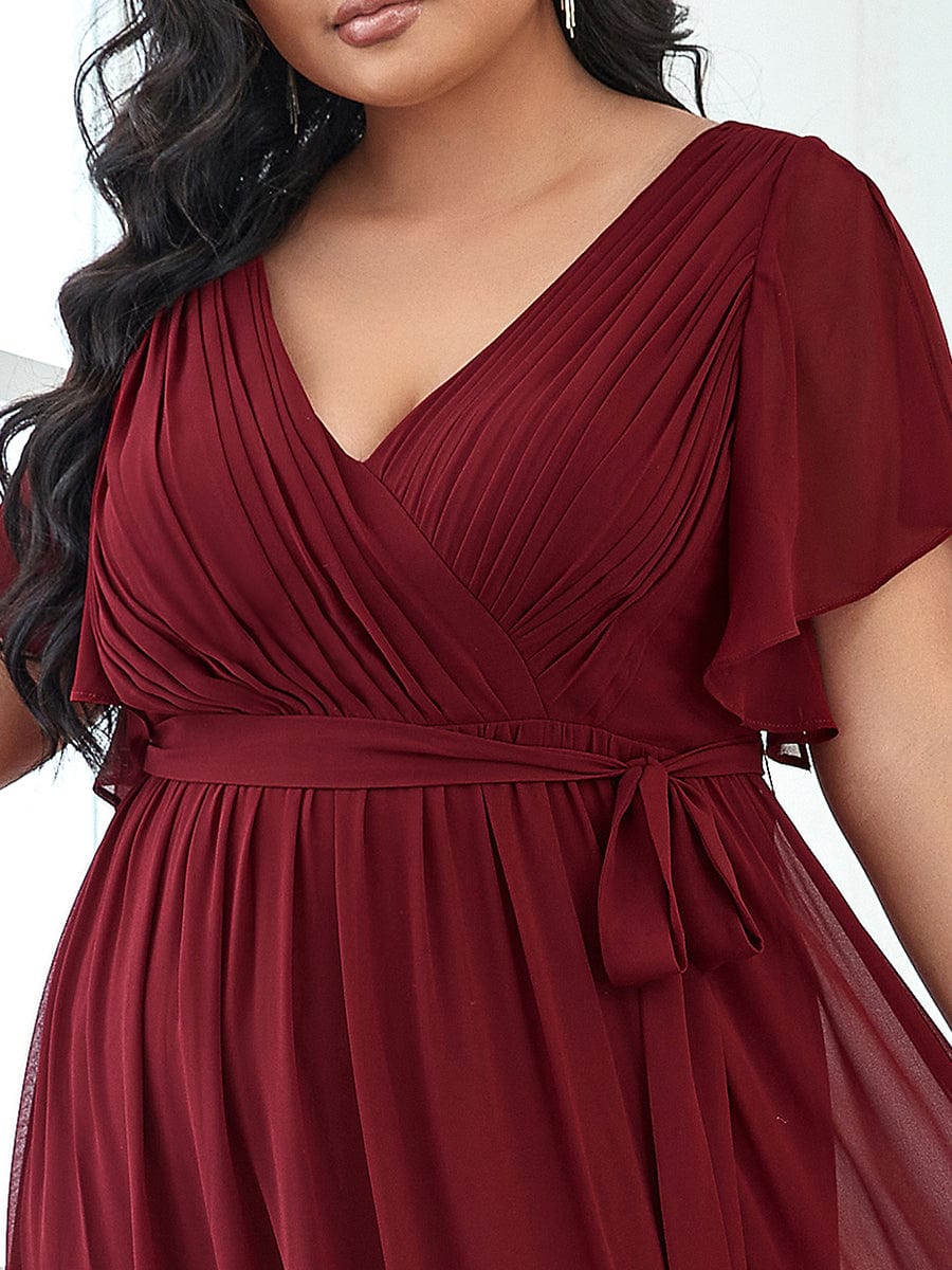 Plus Size Floor-Length Chiffon Evening Dress V-Neck Maxi #color_Burgundy