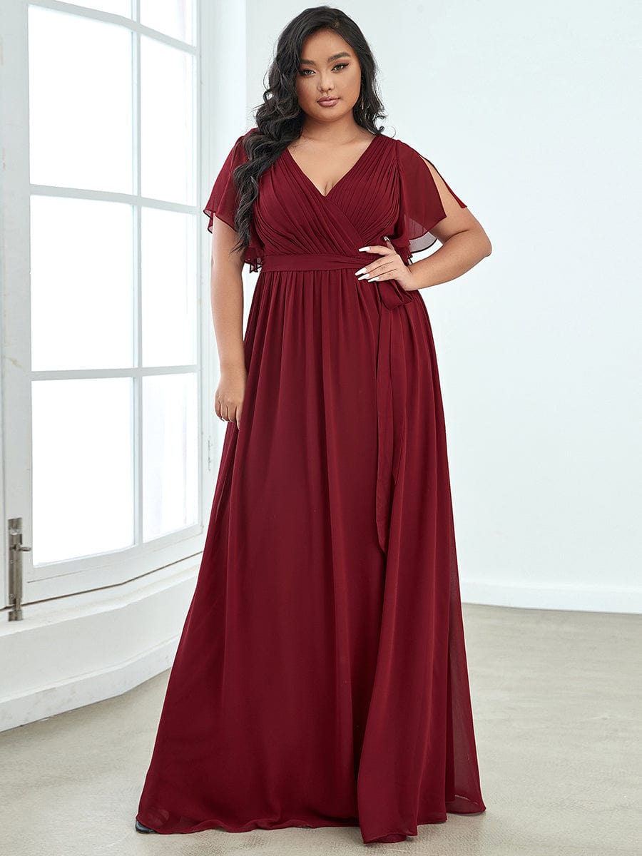 Custom Size V-Neck Flutter Sleeve Floor-Length A-Line Chiffon Evening Dress #color_Burgundy