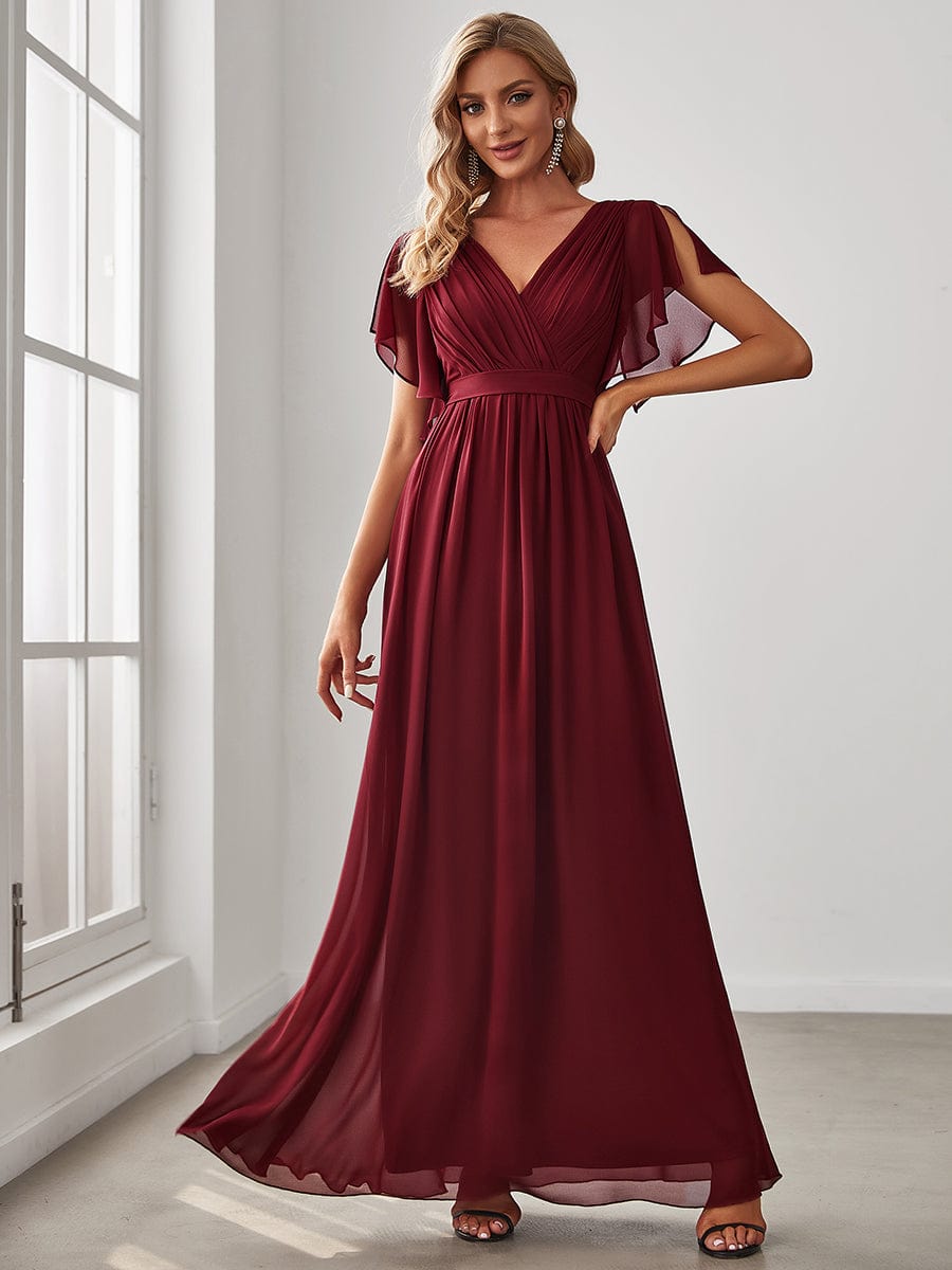 Custom Size V-Neck Flutter Sleeve Floor-Length A-Line Chiffon Evening Dress #color_Burgundy