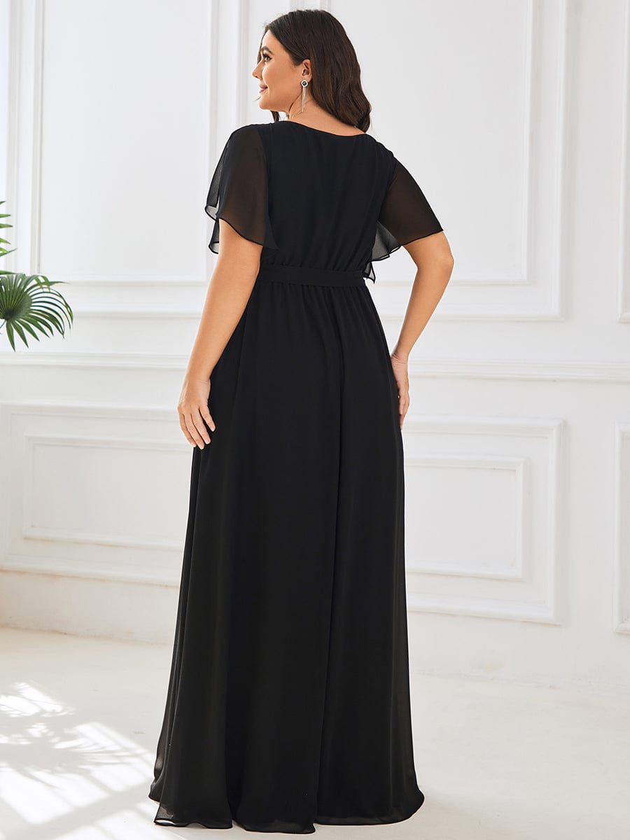 Custom Size V-Neck Flutter Sleeve Floor-Length A-Line Chiffon Evening Dress #color_Black