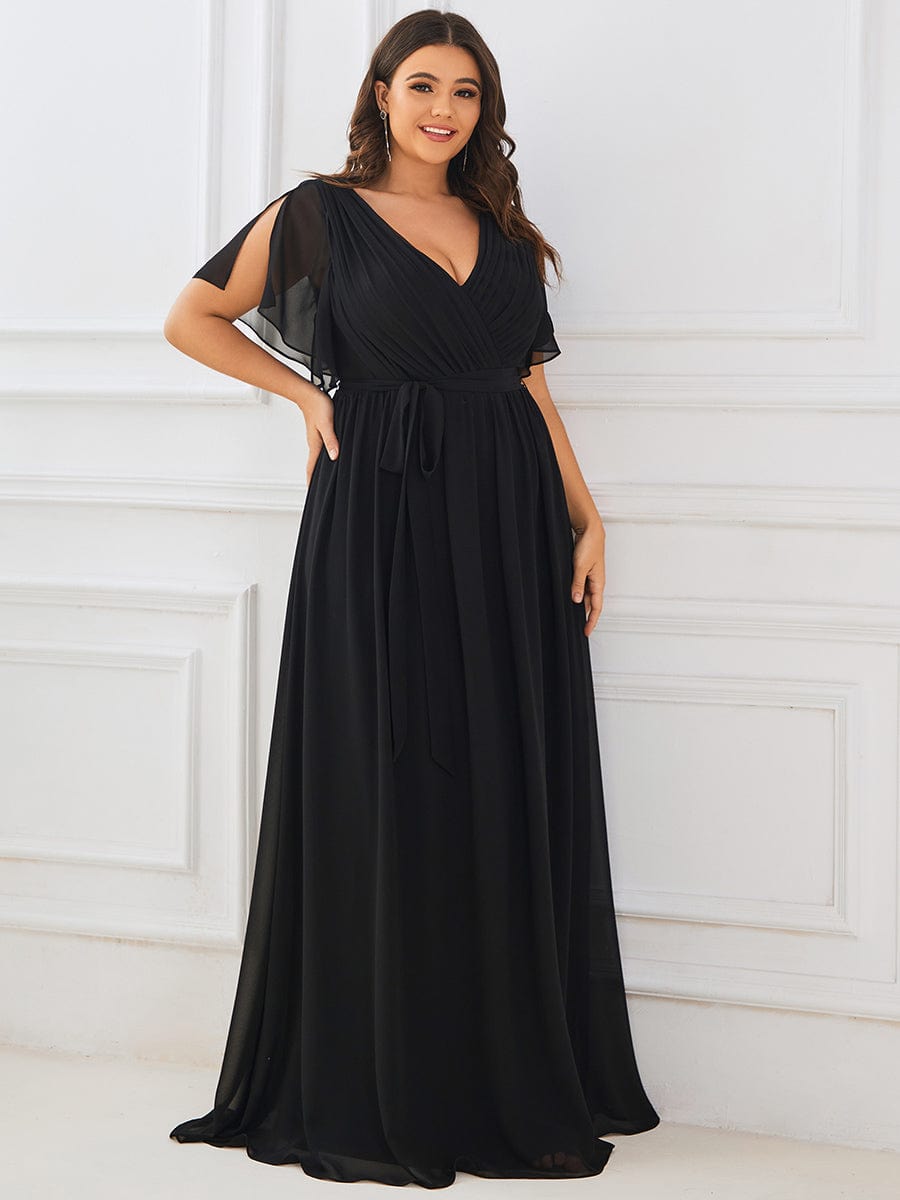 Custom Size V-Neck Flutter Sleeve Floor-Length A-Line Chiffon Evening Dress #color_Black