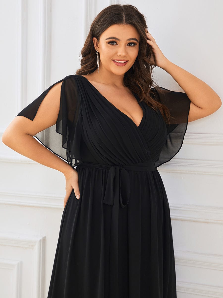 Plus Size Floor-Length Chiffon Evening Dress V-Neck Maxi #color_Black