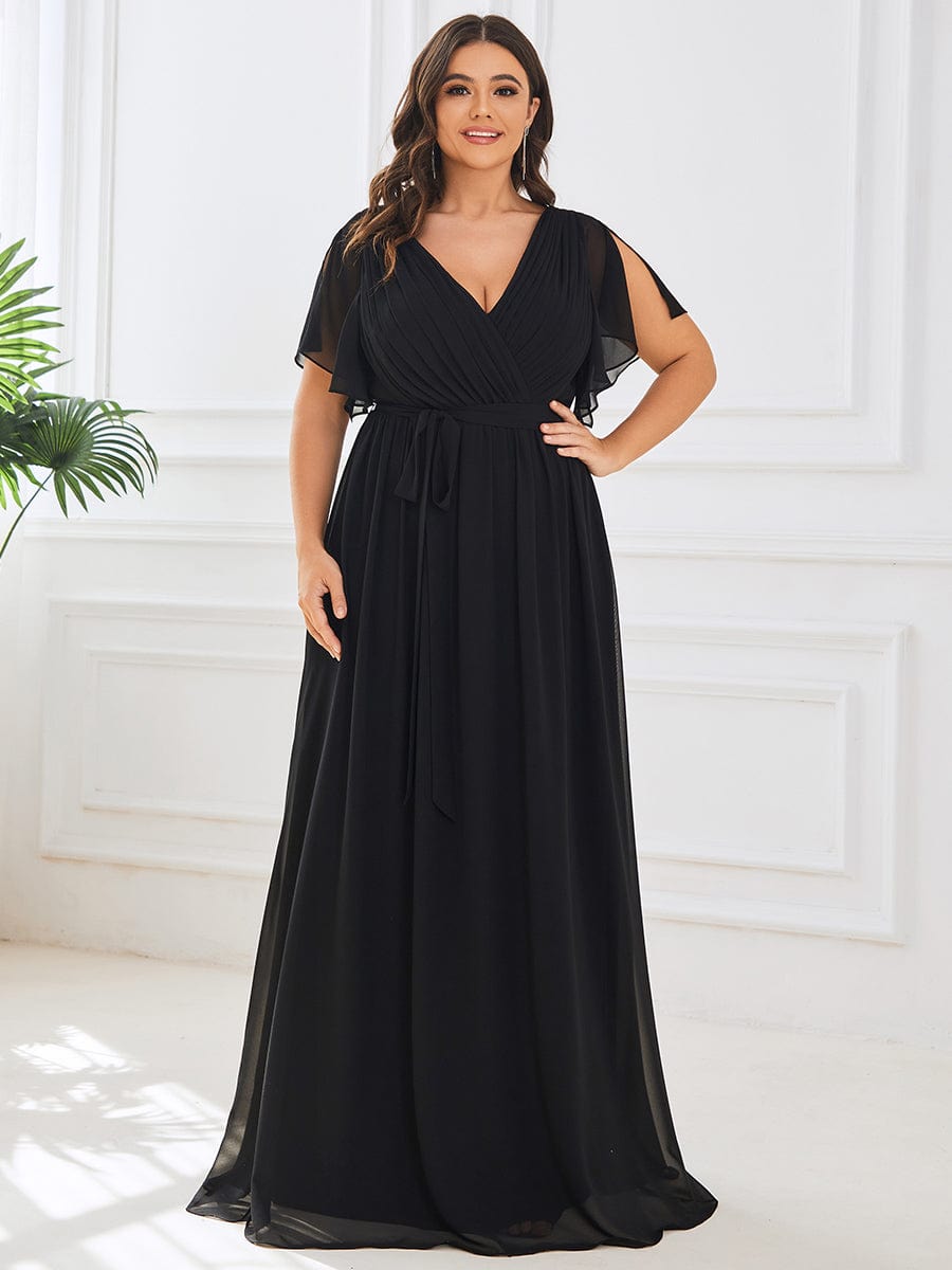 Custom Size V-Neck Flutter Sleeve Floor-Length A-Line Chiffon Evening Dress #color_Black