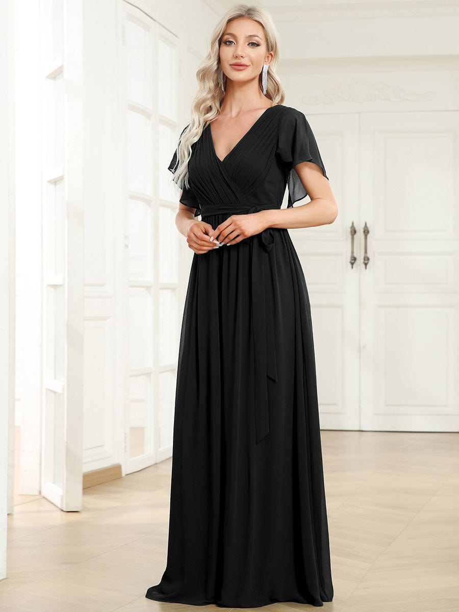 Custom Size V-Neck Flutter Sleeve Floor-Length A-Line Chiffon Evening Dress #color_Black