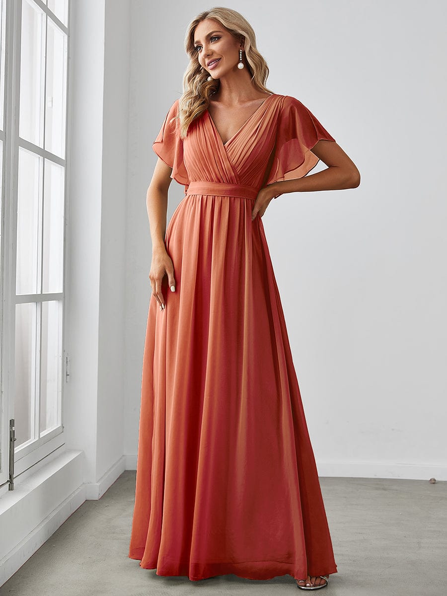 Custom Size V-Neck Flutter Sleeve Floor-Length A-Line Chiffon Evening Dress #color_Burnt Orange