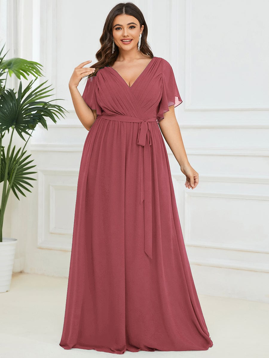 Custom Size V-Neck Flutter Sleeve Floor-Length A-Line Chiffon Evening Dress #color_Cameo Brown