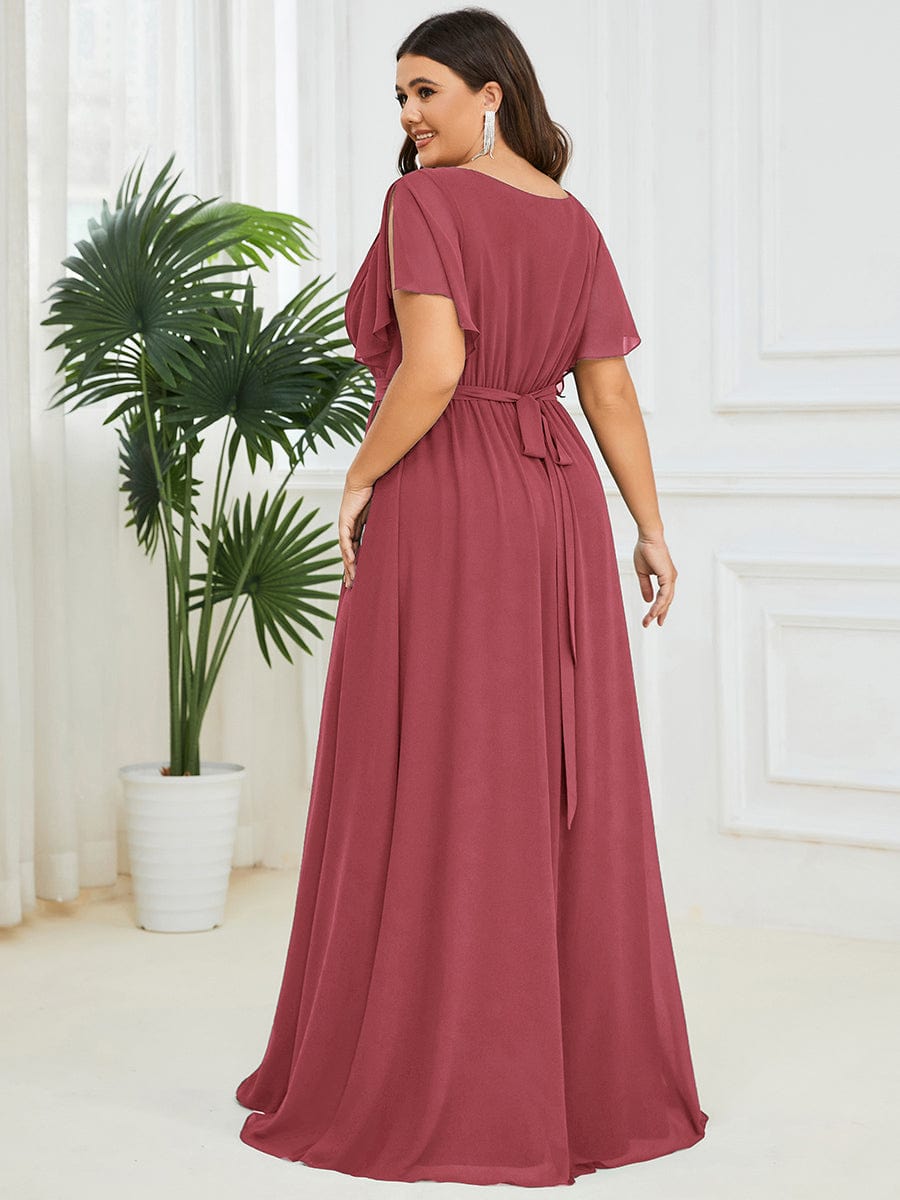 Custom Size V-Neck Flutter Sleeve Floor-Length A-Line Chiffon Evening Dress #color_Cameo Brown