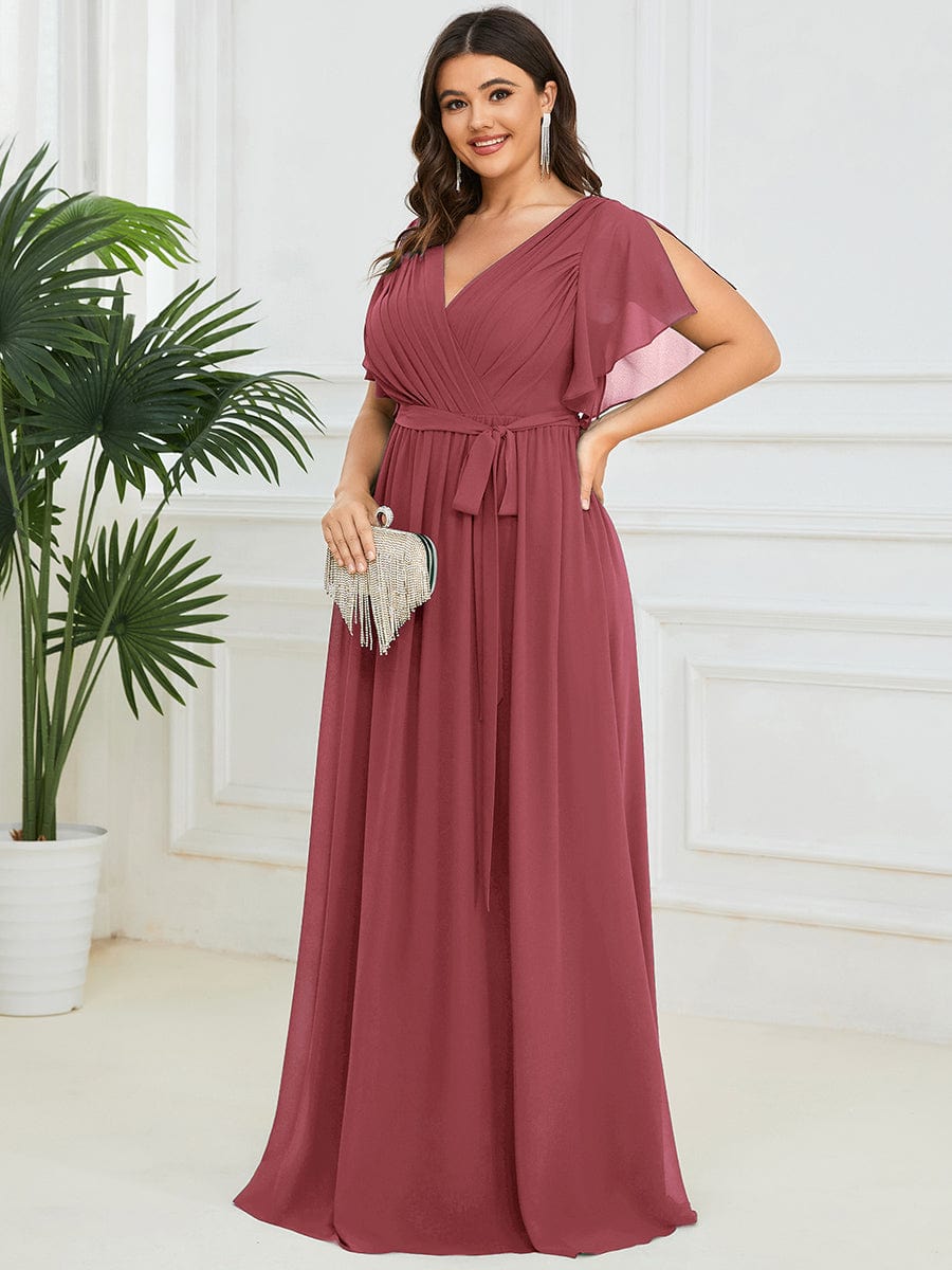 Custom Size V-Neck Flutter Sleeve Floor-Length A-Line Chiffon Evening Dress #color_Cameo Brown