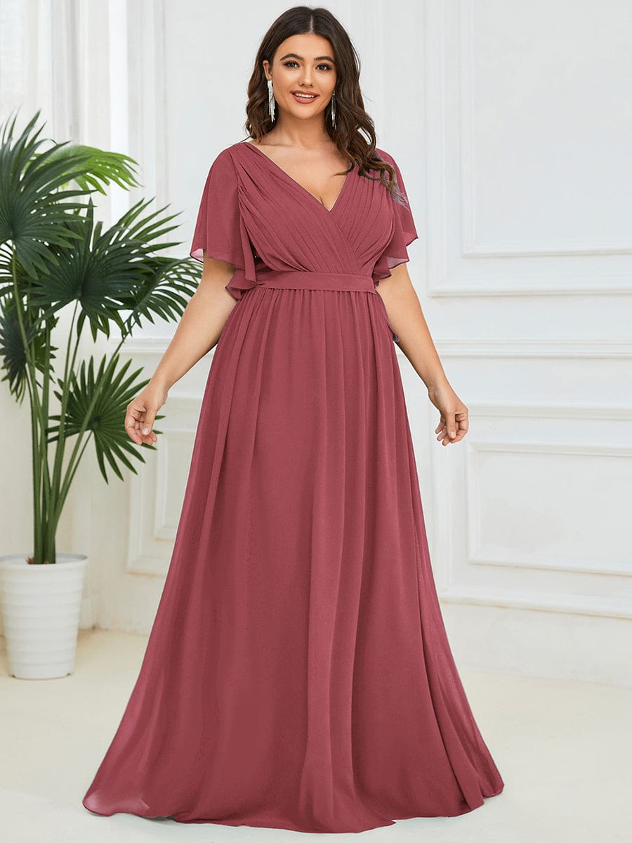 Custom Size V-Neck Flutter Sleeve Floor-Length A-Line Chiffon Evening Dress #color_Cameo Brown