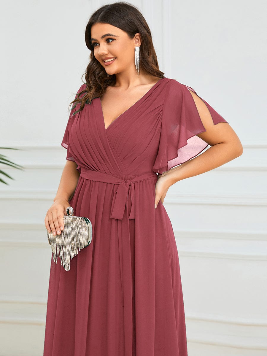 Custom Size V-Neck Flutter Sleeve Floor-Length A-Line Chiffon Evening Dress #color_Cameo Brown