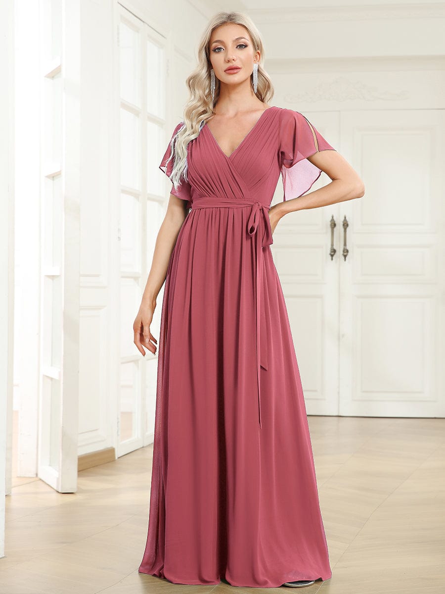 Custom Size V-Neck Flutter Sleeve Floor-Length A-Line Chiffon Evening Dress #color_Cameo Brown