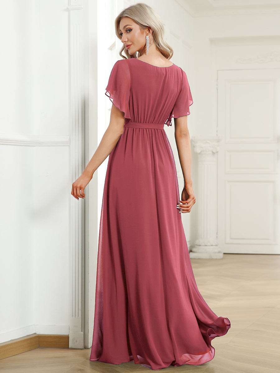 Custom Size V-Neck Flutter Sleeve Floor-Length A-Line Chiffon Evening Dress #color_Cameo Brown