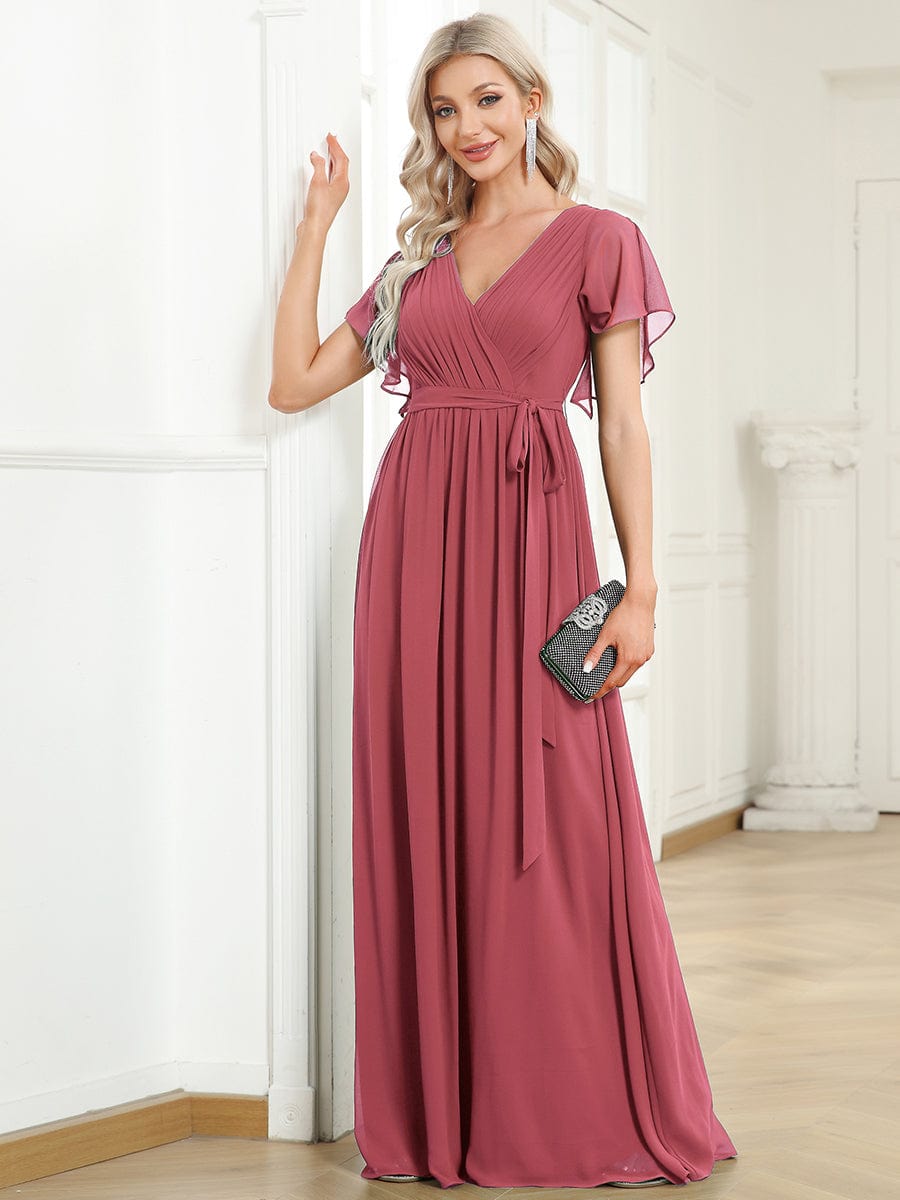 Custom Size V-Neck Flutter Sleeve Floor-Length A-Line Chiffon Evening Dress #color_Cameo Brown