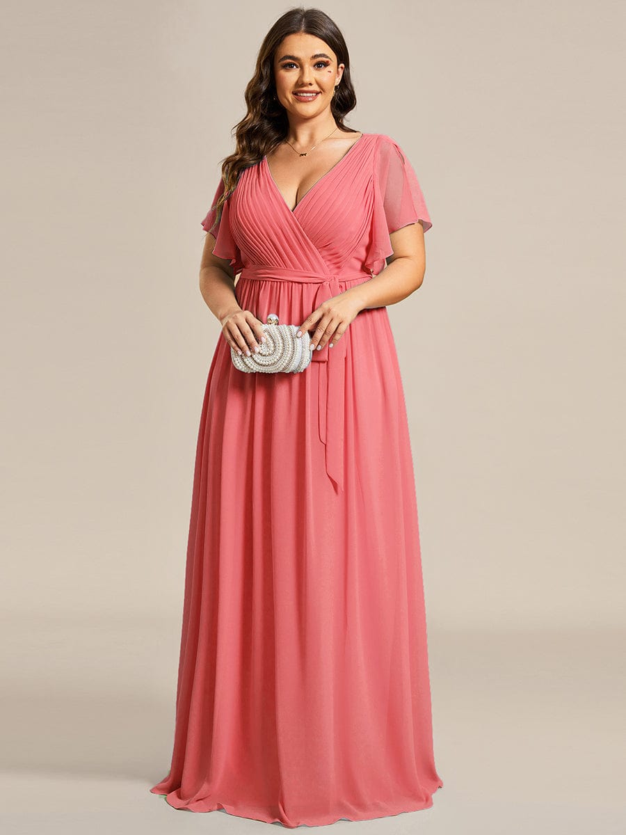 Custom Size V-Neck Flutter Sleeve Floor-Length A-Line Chiffon Evening Dress #color_Coral