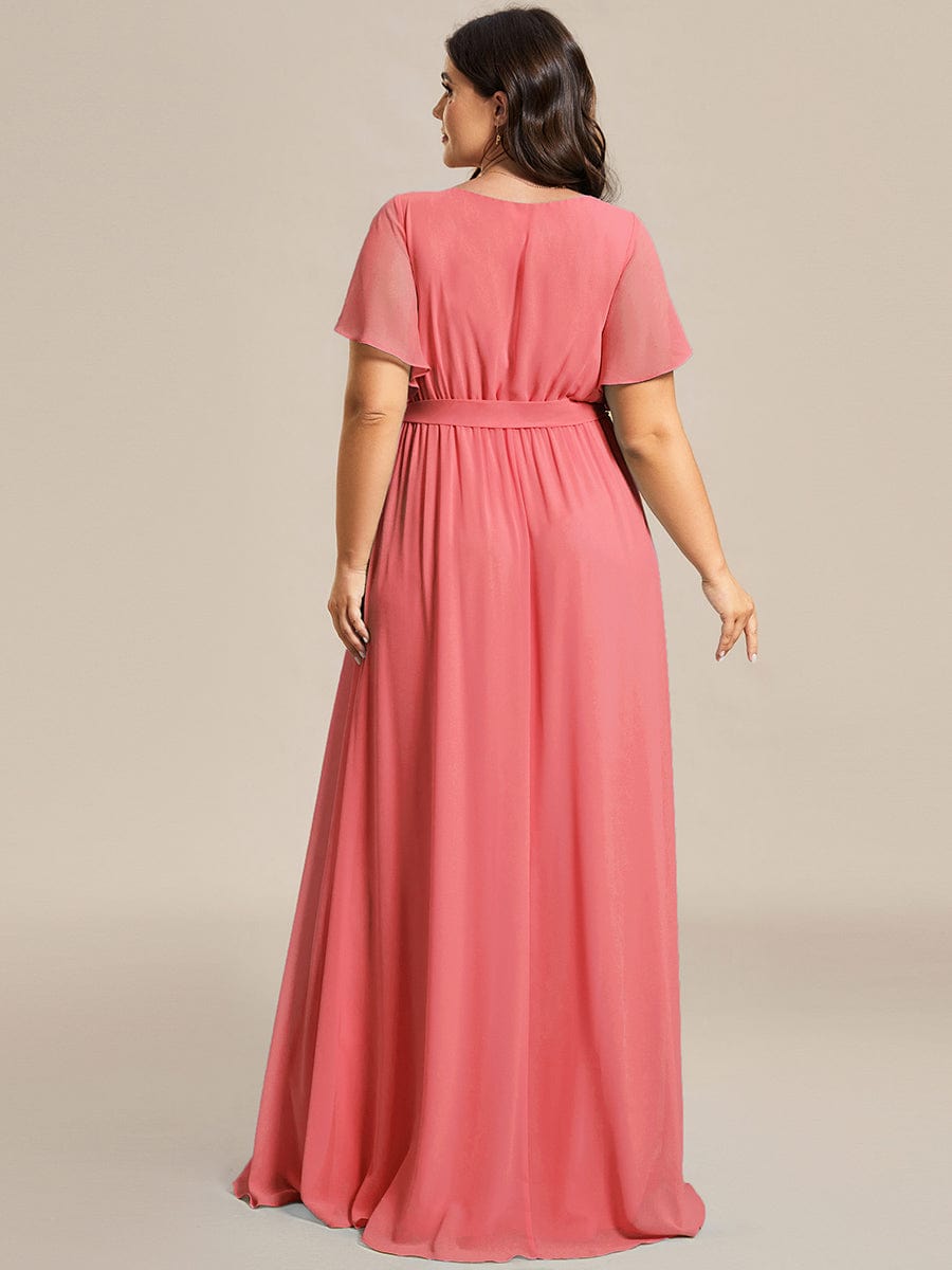 Custom Size V-Neck Flutter Sleeve Floor-Length A-Line Chiffon Evening Dress #color_Coral