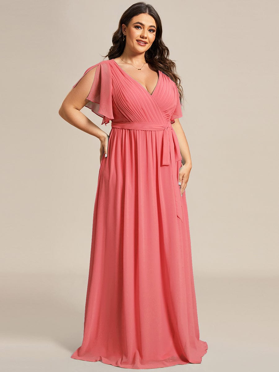 Custom Size V-Neck Flutter Sleeve Floor-Length A-Line Chiffon Evening Dress #color_Coral