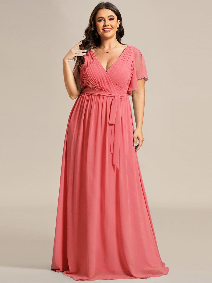 Custom Size V-Neck Flutter Sleeve Floor-Length A-Line Chiffon Evening Dress #color_Coral