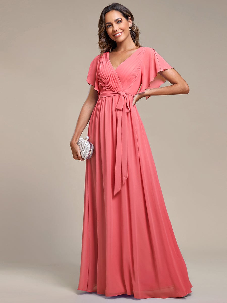 Custom Size V-Neck Flutter Sleeve Floor-Length A-Line Chiffon Evening Dress #color_Coral