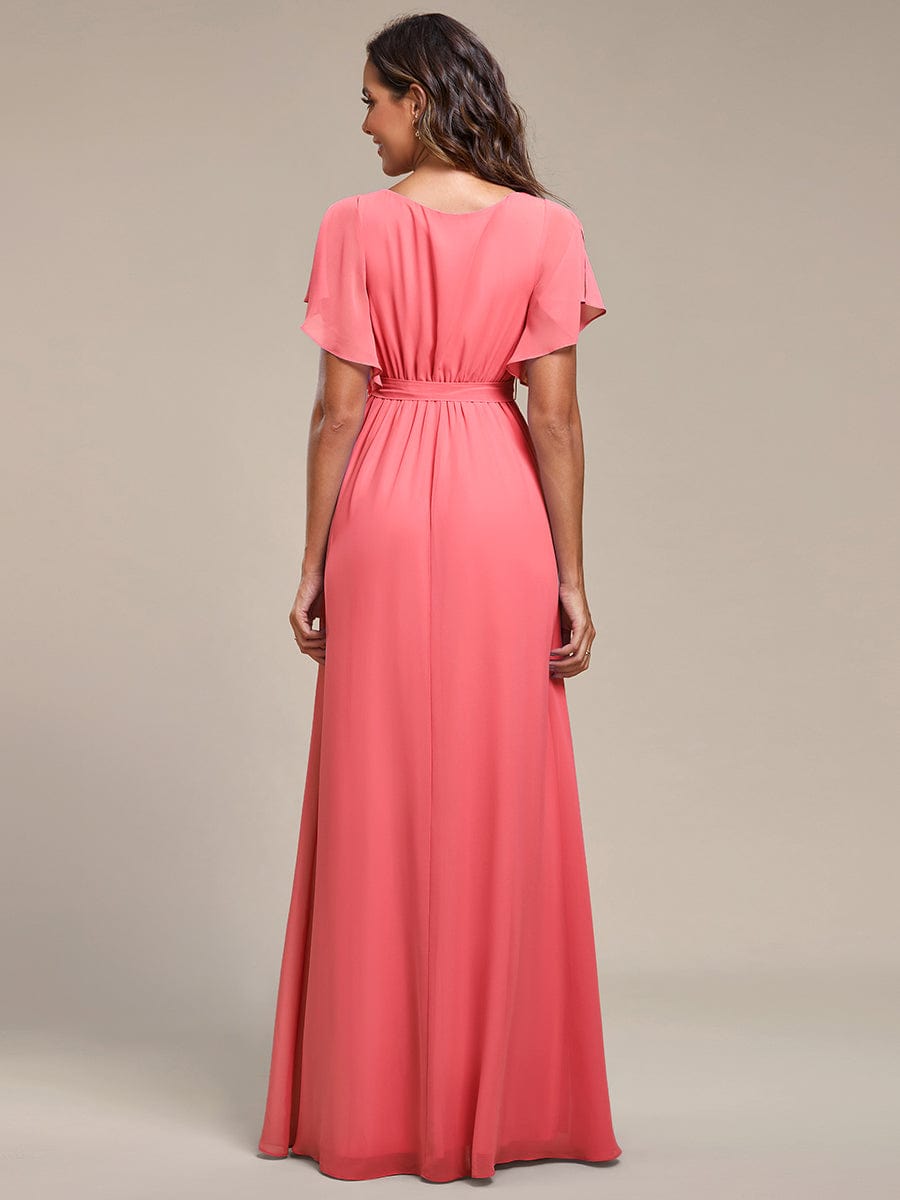 Custom Size V-Neck Flutter Sleeve Floor-Length A-Line Chiffon Evening Dress #color_Coral