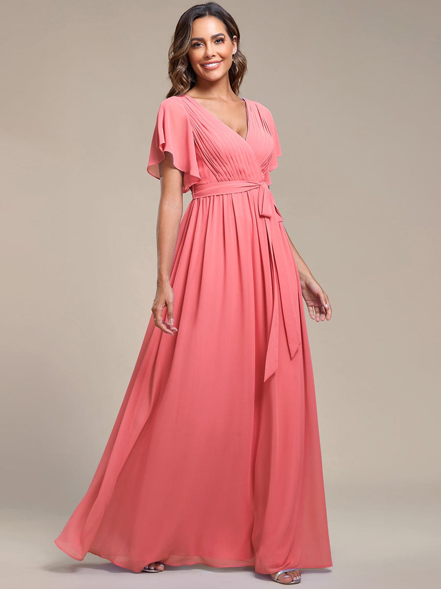 Custom Size V-Neck Flutter Sleeve Floor-Length A-Line Chiffon Evening Dress #color_Coral