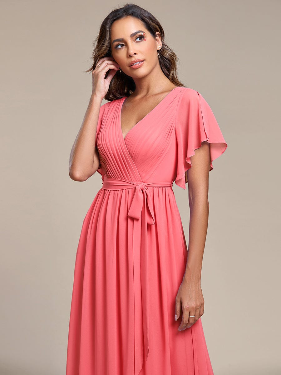 Custom Size V-Neck Flutter Sleeve Floor-Length A-Line Chiffon Evening Dress #color_Coral