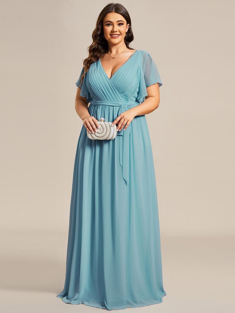 Custom Size V-Neck Flutter Sleeve Floor-Length A-Line Chiffon Evening Dress #color_Light Teal