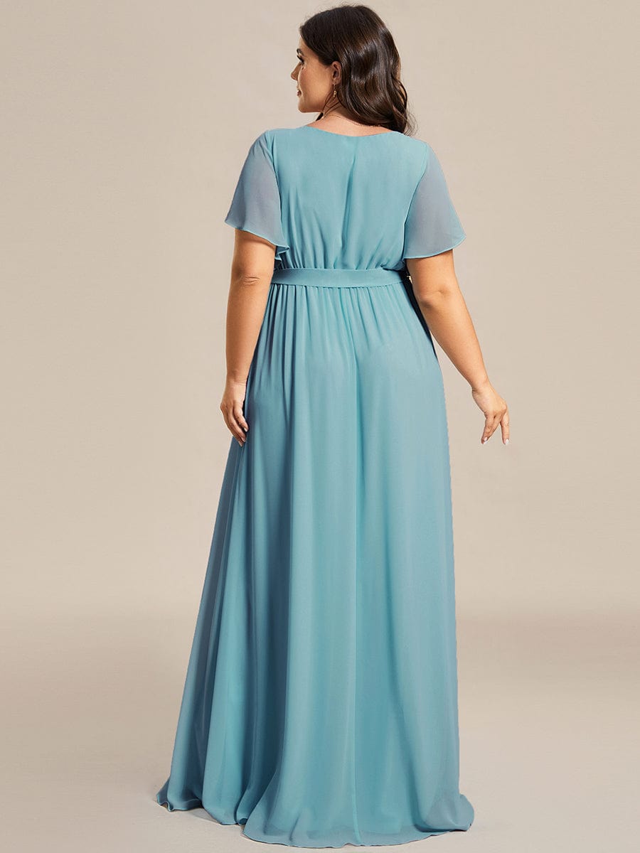 Custom Size V-Neck Flutter Sleeve Floor-Length A-Line Chiffon Evening Dress #color_Light Teal