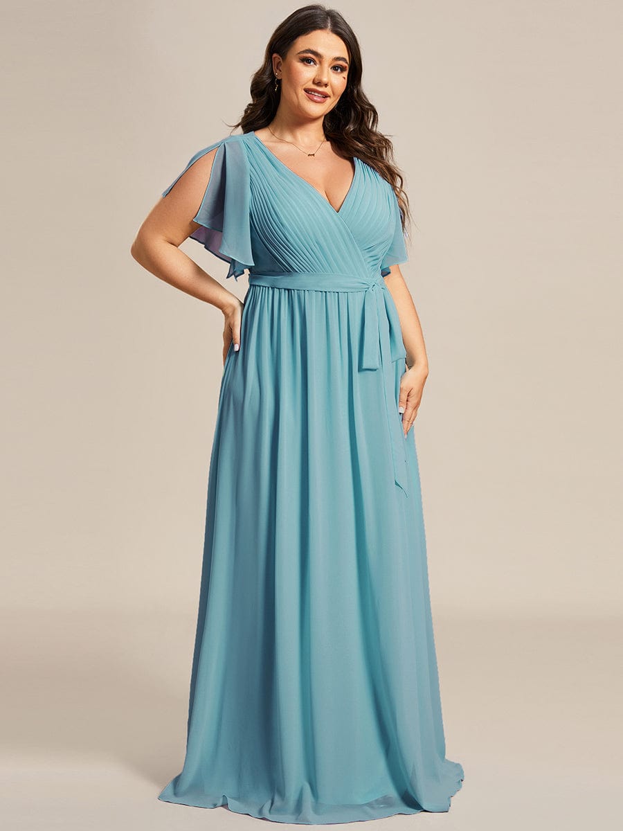 Custom Size V-Neck Flutter Sleeve Floor-Length A-Line Chiffon Evening Dress #color_Dusty Blue