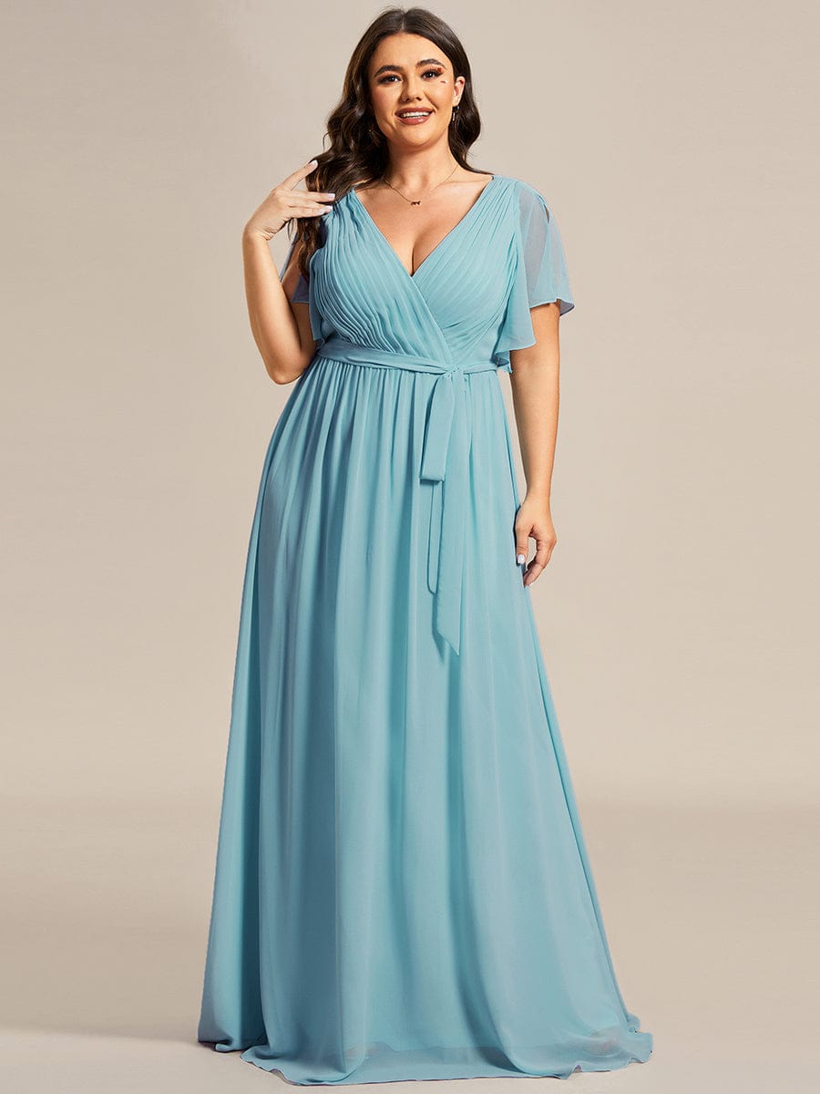 Custom Size V-Neck Flutter Sleeve Floor-Length A-Line Chiffon Evening Dress #color_Light Teal