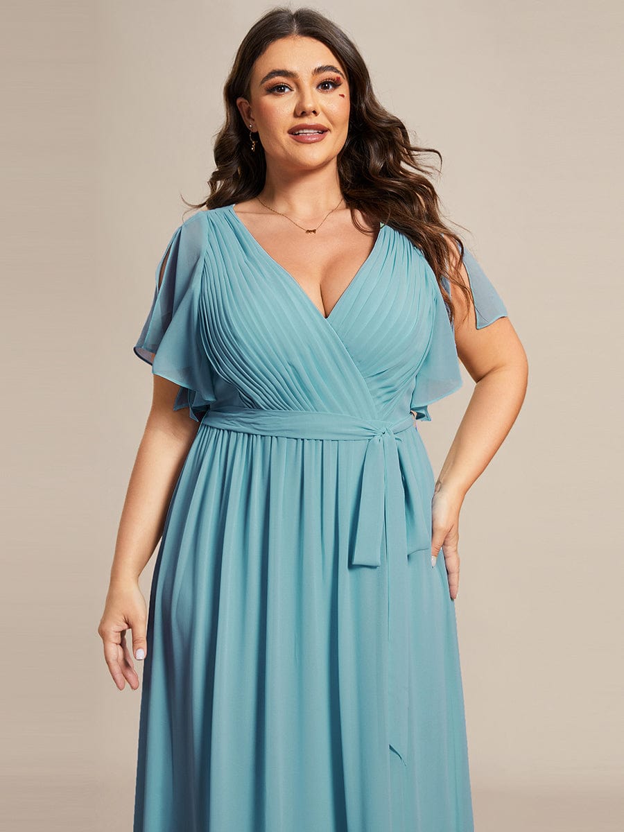 Custom Size V-Neck Flutter Sleeve Floor-Length A-Line Chiffon Evening Dress #color_Light Teal