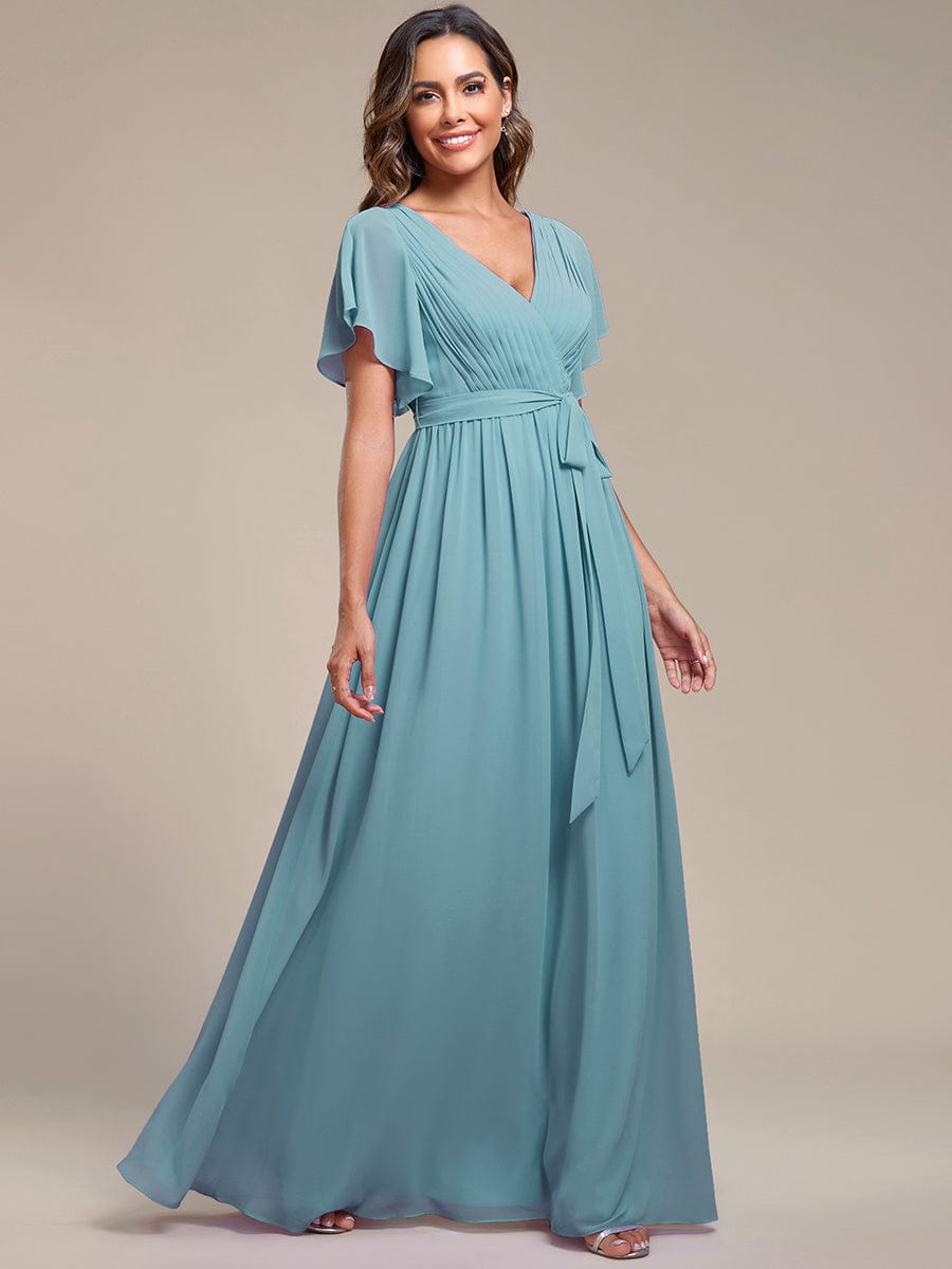 Custom Size V-Neck Flutter Sleeve Floor-Length A-Line Chiffon Evening Dress #color_Light Teal