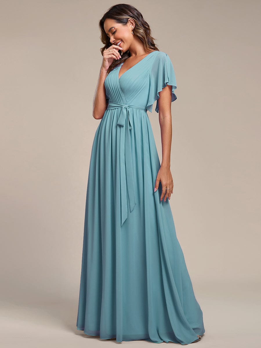 Custom Size V-Neck Flutter Sleeve Floor-Length A-Line Chiffon Evening Dress #color_Light Teal