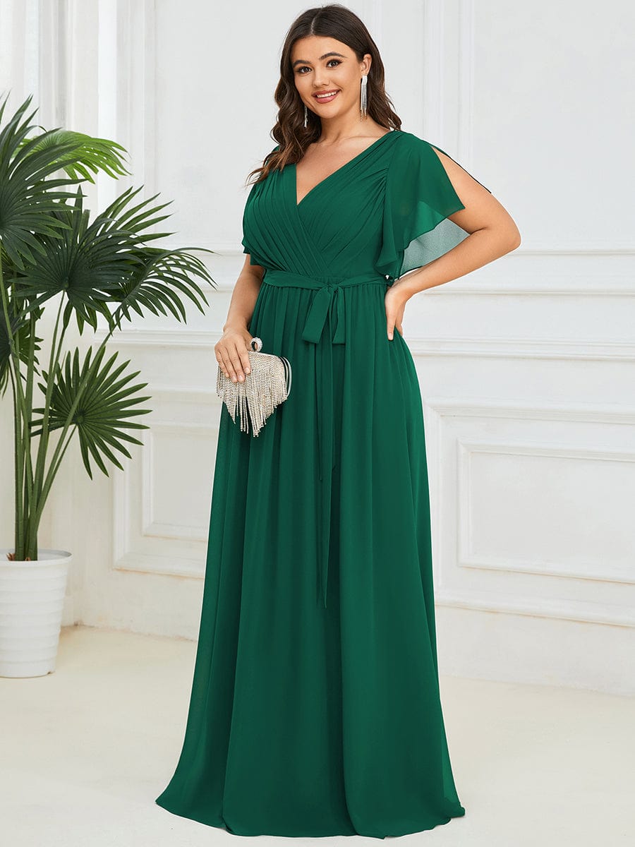 Plus Size Floor-Length Chiffon Evening Dress V-Neck Maxi #color_Dark Green