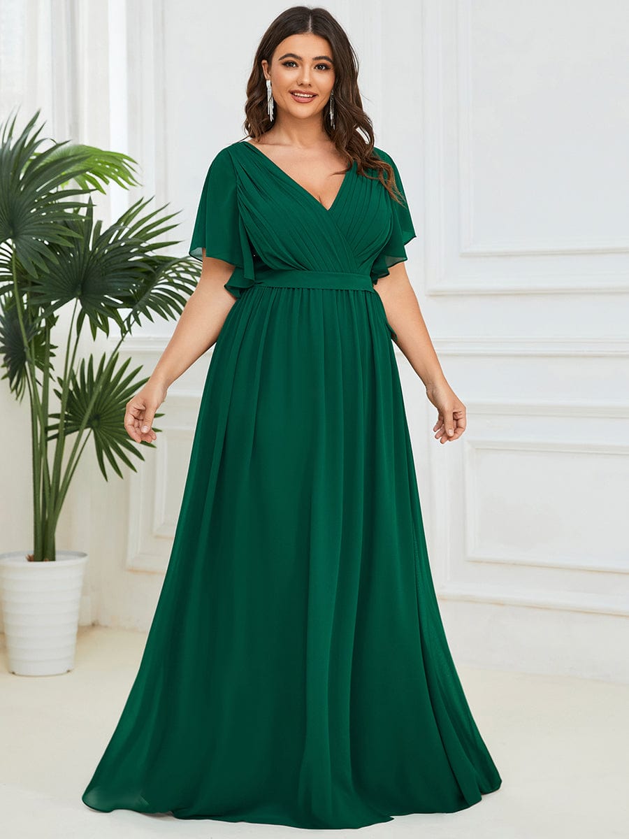 Plus Size Floor-Length Chiffon Evening Dress V-Neck Maxi #color_Dark Green