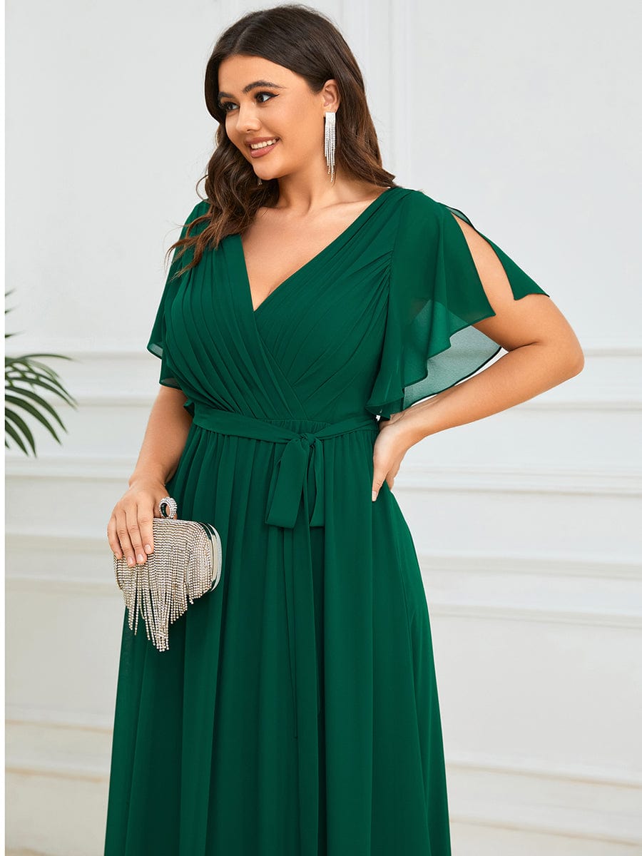 Plus Size Floor-Length Chiffon Evening Dress V-Neck Maxi #color_Dark Green