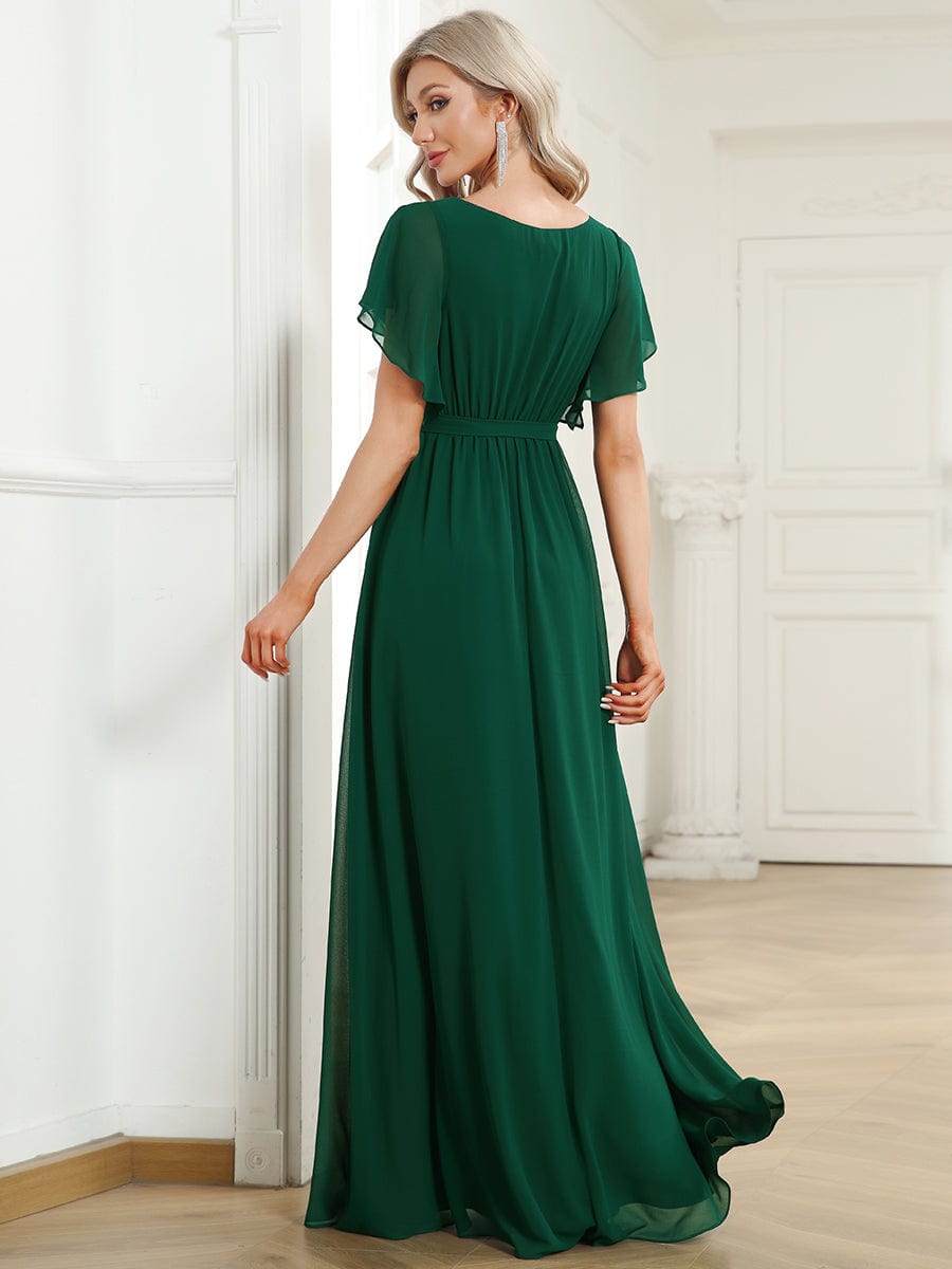 Custom Size V-Neck Flutter Sleeve Floor-Length A-Line Chiffon Evening Dress #color_Dark Green