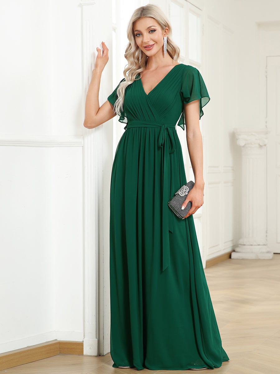 Custom Size V-Neck Flutter Sleeve Floor-Length A-Line Chiffon Evening Dress #color_Dark Green