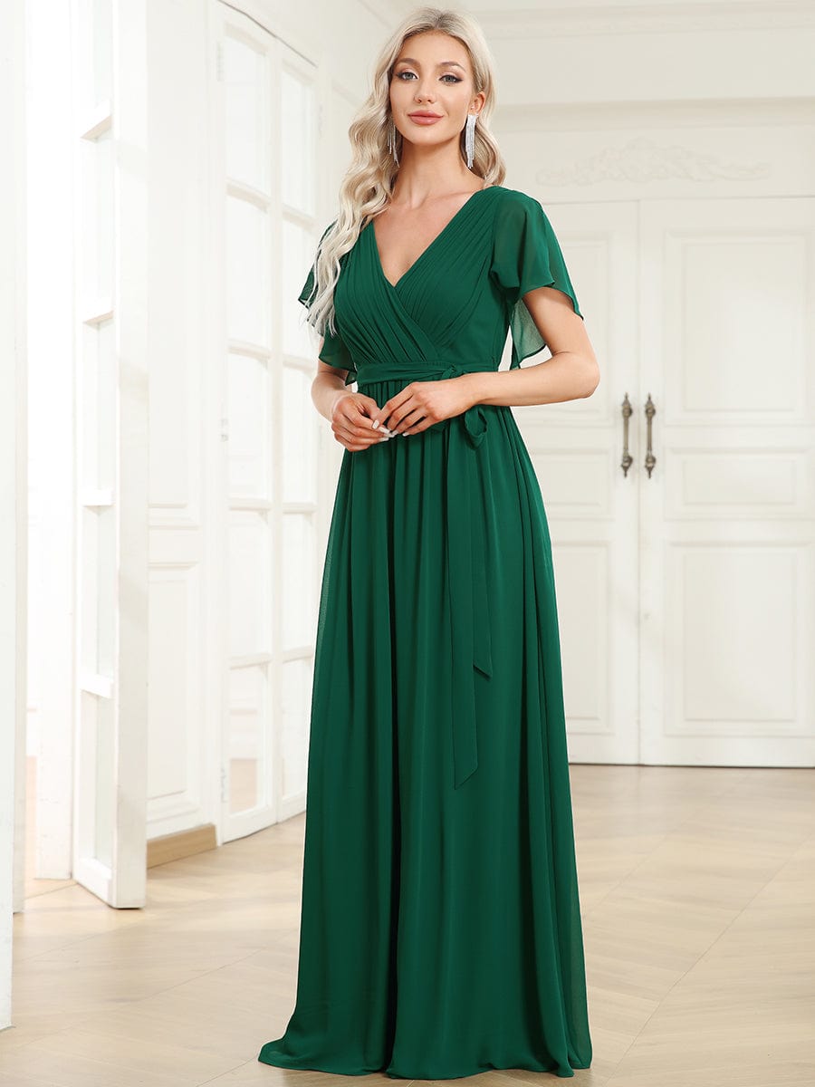 Custom Size V-Neck Flutter Sleeve Floor-Length A-Line Chiffon Evening Dress #color_Dark Green