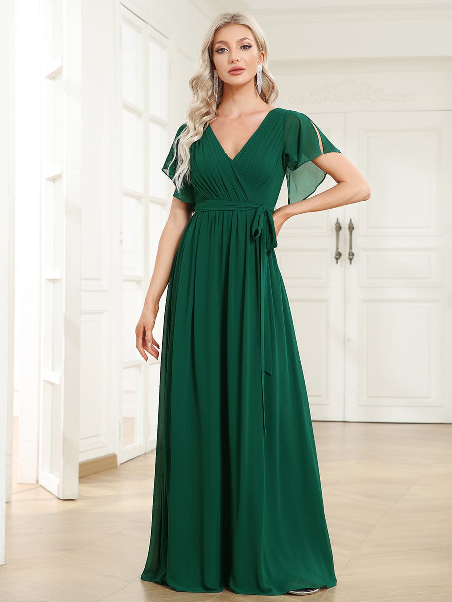 Custom Size V-Neck Flutter Sleeve Floor-Length A-Line Chiffon Evening Dress #color_Dark Green